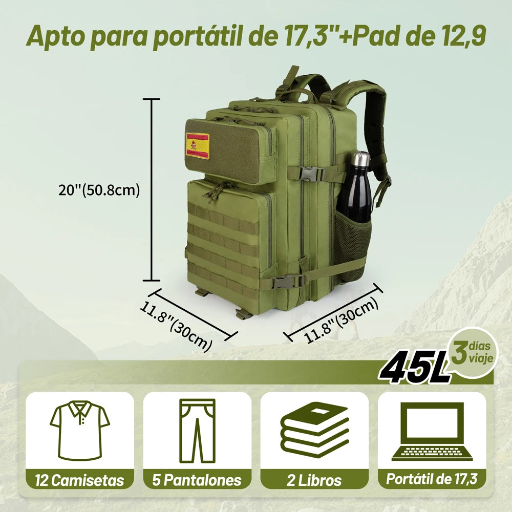 Waterproof 45L tactical backpack suitable for laptops, perfect for hiking, camping, and outdoor activities.