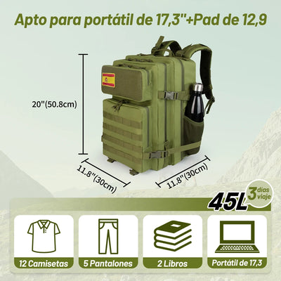 Waterproof 45L tactical backpack suitable for laptops, perfect for hiking, camping, and outdoor activities.