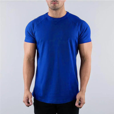 Men's blue short sleeve cotton t-shirt for gym workouts, breathable fabric ideal for running and bodybuilding.