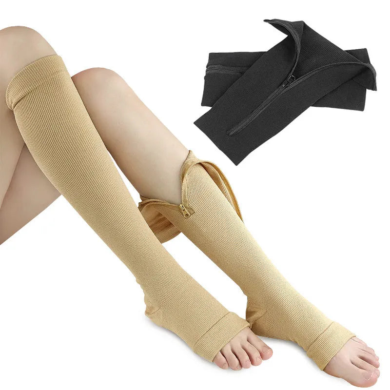 Medical zipper compression socks in beige color for men and women, designed for edema and varicose veins support.
