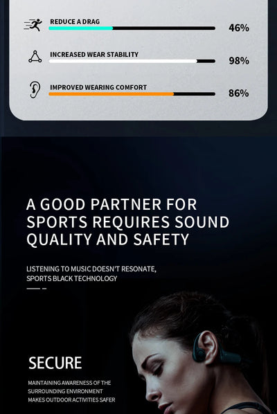 Infographic showcasing benefits of bone conduction earphones for sports, highlighting reduced drag, stability, and comfort.