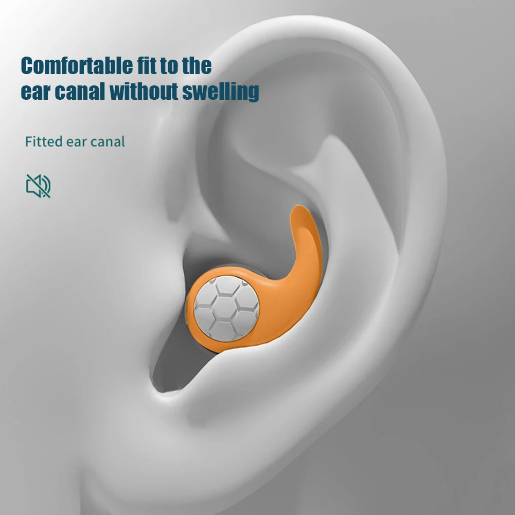 Silicone earplug in ear canal, designed for comfort without swelling, ideal for swimming and noise reduction.
