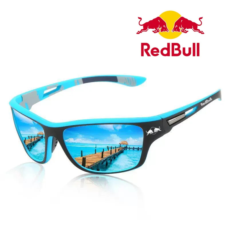 Red Bull polarized sunglasses with blue lenses, ideal for outdoor activities like fishing, driving, and hiking.