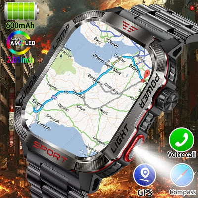 Military GPS smartwatch with 600mAh battery, featuring AMOLED display, compass, and voice call functionality.