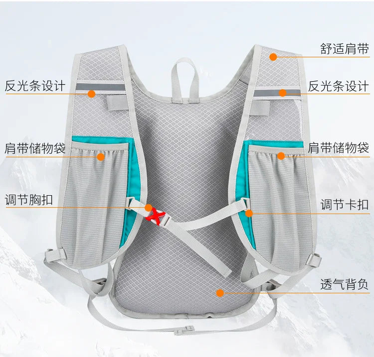 Ultralight waterproof hydration backpack design with reflective straps and storage pockets for outdoor running and cycling.