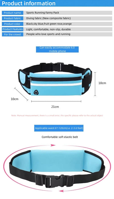 Waterproof running waist pack with adjustable elastic belt, designed for comfort and phone storage during sports activities.