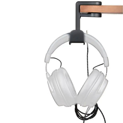 PC gaming headphone stand with adjustable 360° rotating arm clamp, securely holding white headset.
