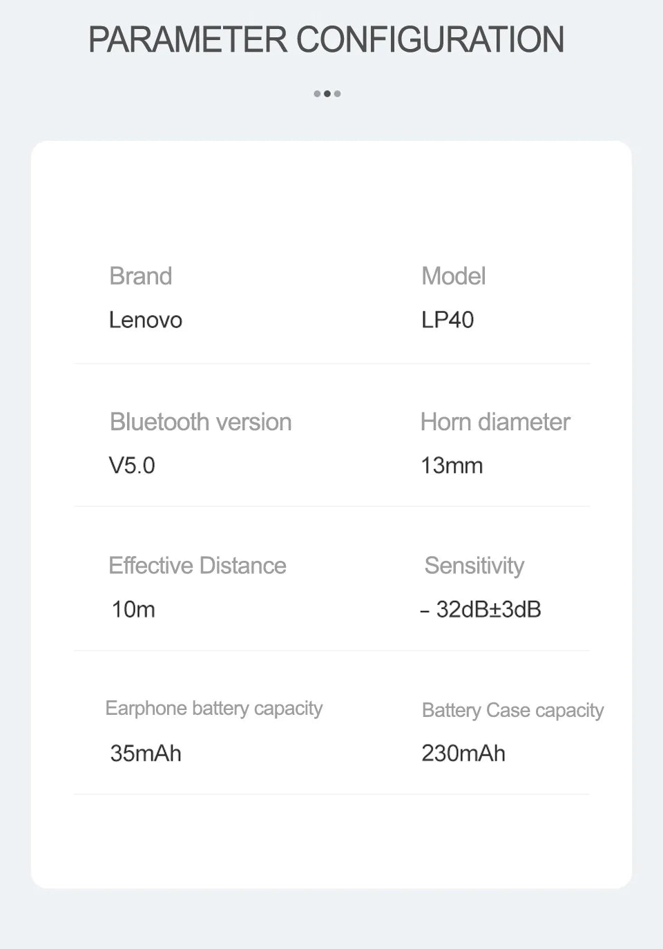 Lenovo LP40 earphones specifications including Bluetooth version, horn diameter, battery capacity and sensitivity.