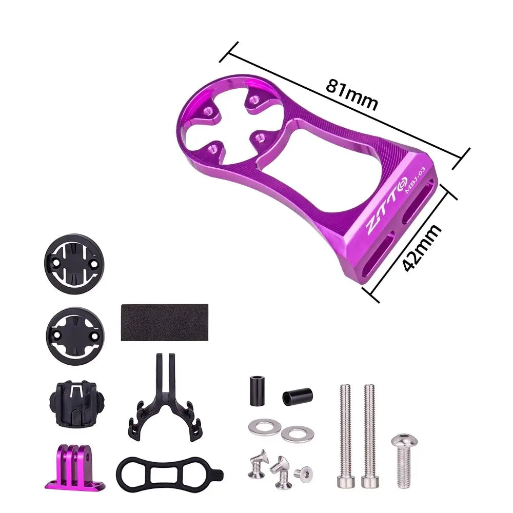 ZTTO bicycle stem computer mount in purple for Garmin, Bryton, GoPro, featuring aluminum design and complete mounting accessories.