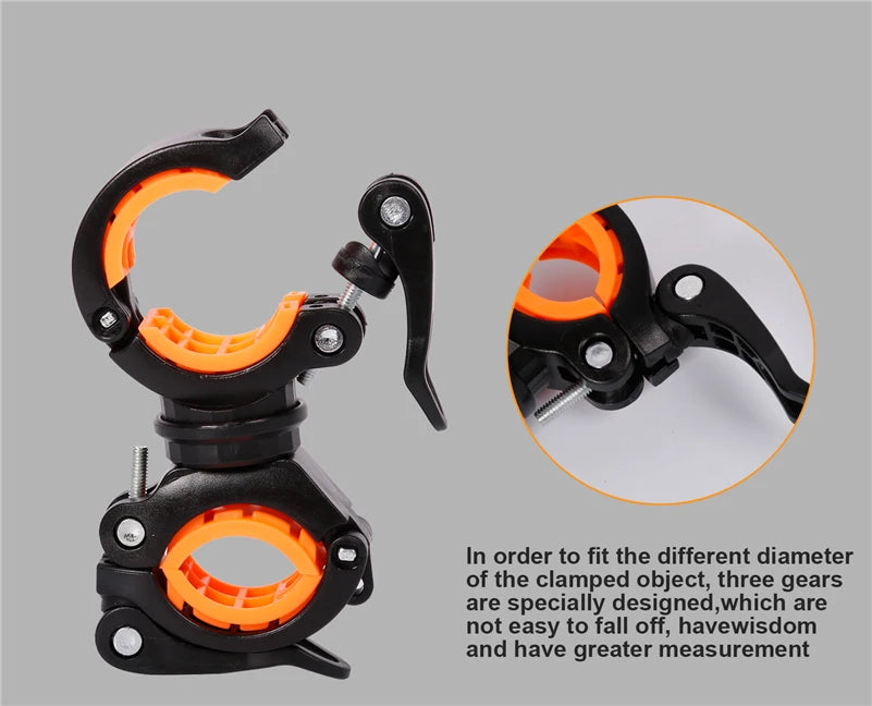 Close-up of WEST BIKING bike light bracket showing adjustable gears for secure fitting and robust design.