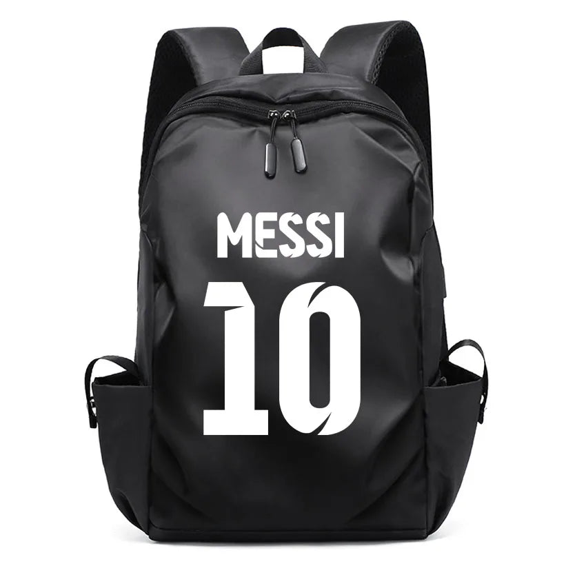 Black backpack with 'MESSI' 10 printed, unisex design for students with USB port, perfect for college or casual use.
