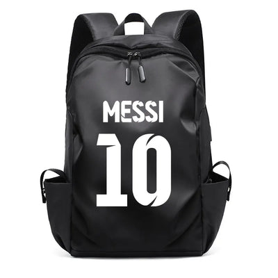 Black backpack with 'MESSI' 10 printed, unisex design for students with USB port, perfect for college or casual use.