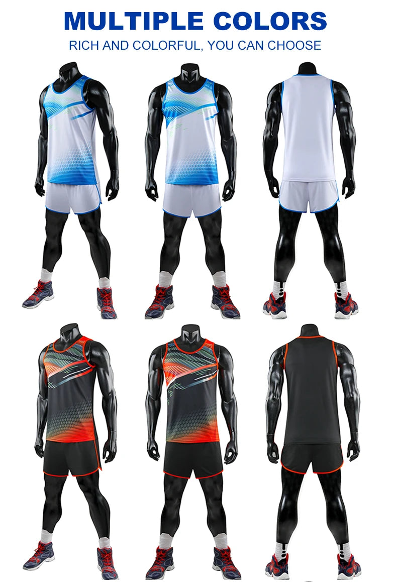 Custom Marathon Running Suit in multiple colors for unisex track & field sportswear, showcasing vibrant designs and styles.