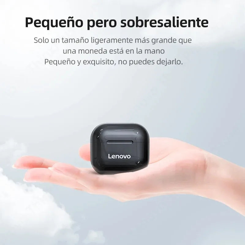Lenovo wireless Bluetooth earphones held in hand, showcasing compact design and features for gaming.
