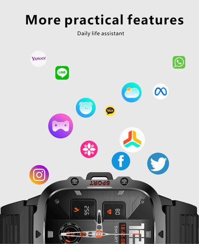 Rugged military smart watch displaying practical features and app icons for daily life assistance.