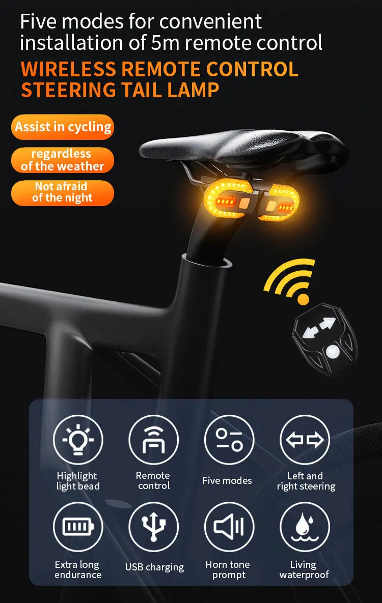 Wireless bike rear taillight with remote control showcasing five modes for safety and ease of installation.
