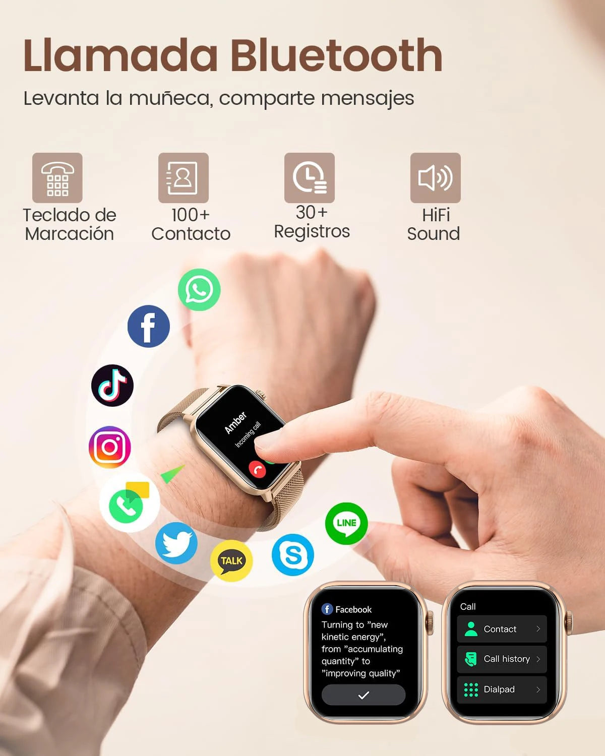 Bluetooth smartwatch with call features, displaying apps and contact options, showcasing functionality for users.