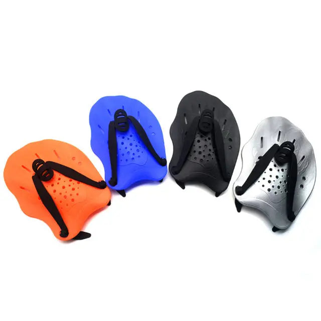 Adjustable swimming paddles in orange, blue, black, and silver for training, suitable for men, women, and kids.