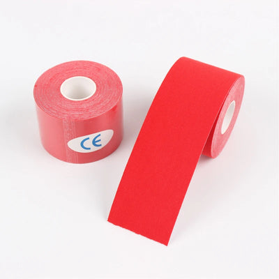 Red Kinesio tape roll for muscle support and pain relief in athletic recovery and fitness activities.