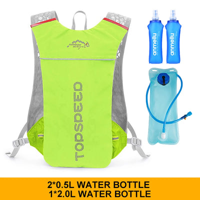 Ultralight hydration running vest with breathable mesh, includes two 0.5L bottles and one 2.0L water reservoir.