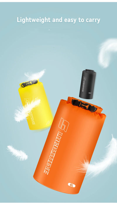 Two lightweight and waterproof dry bags in orange and yellow, perfect for drifting and swimming gear storage.