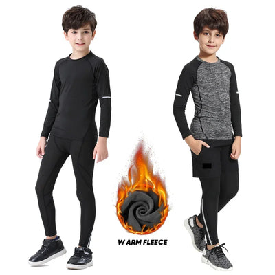 Kids thermal sports set featuring compression tights and warm fleece, designed for running in cold weather.