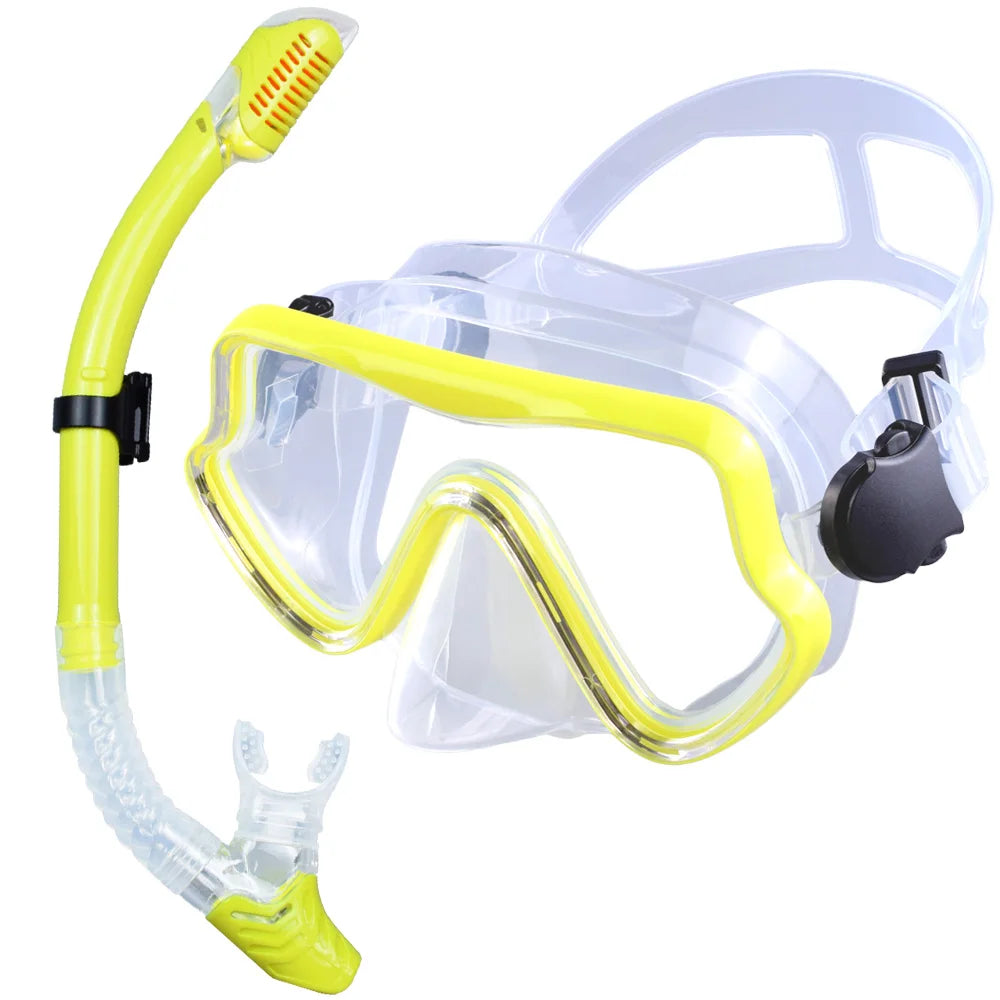 Scuba diving mask and snorkel set for adults, featuring tempered glass and professional snorkeling gear for training.