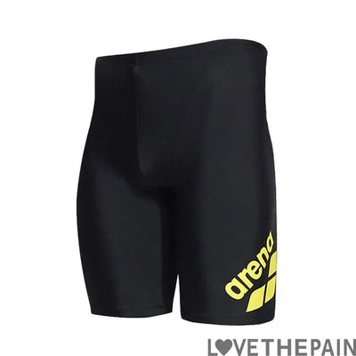 Black arena swim jammer shorts with yellow logo, perfect for summer swimming and beach activities, made from quick-dry Lycra.