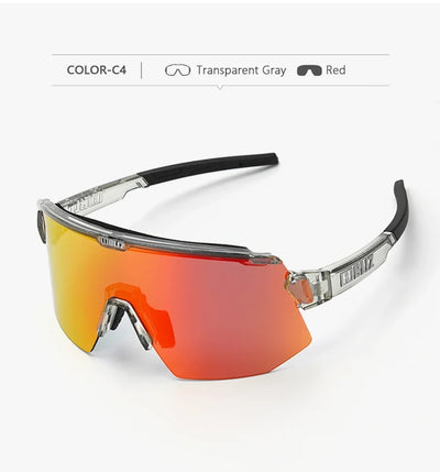 BLIZ Breeze polarized cycling glasses in transparent gray and red with UV protection for mountain and road biking.