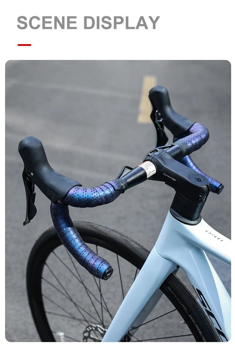 Scene display of a bicycle featuring INBIKE soft grip handlebar tape in blue, showcasing its non-slip and lightweight design.