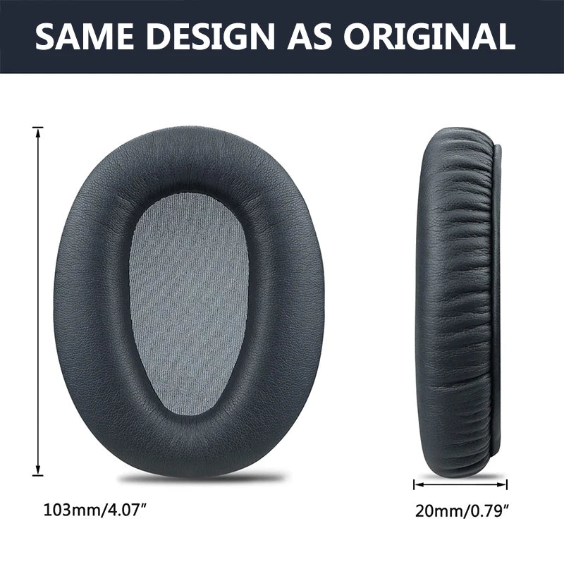 KUTOU replacement ear pads for Sony headphones showing dimensions and same design as original, leather material, durable cushioning.
