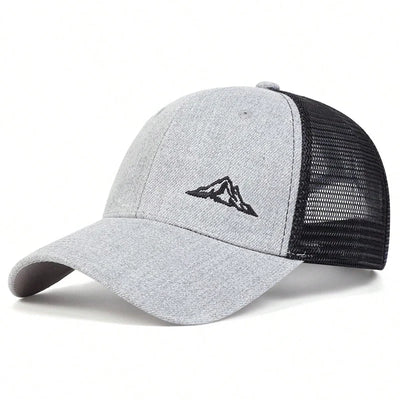 Unisex Mountain Embroidery Baseball Cap, adjustable outdoor sun hat, grey with black mesh, perfect for outdoor adventures.