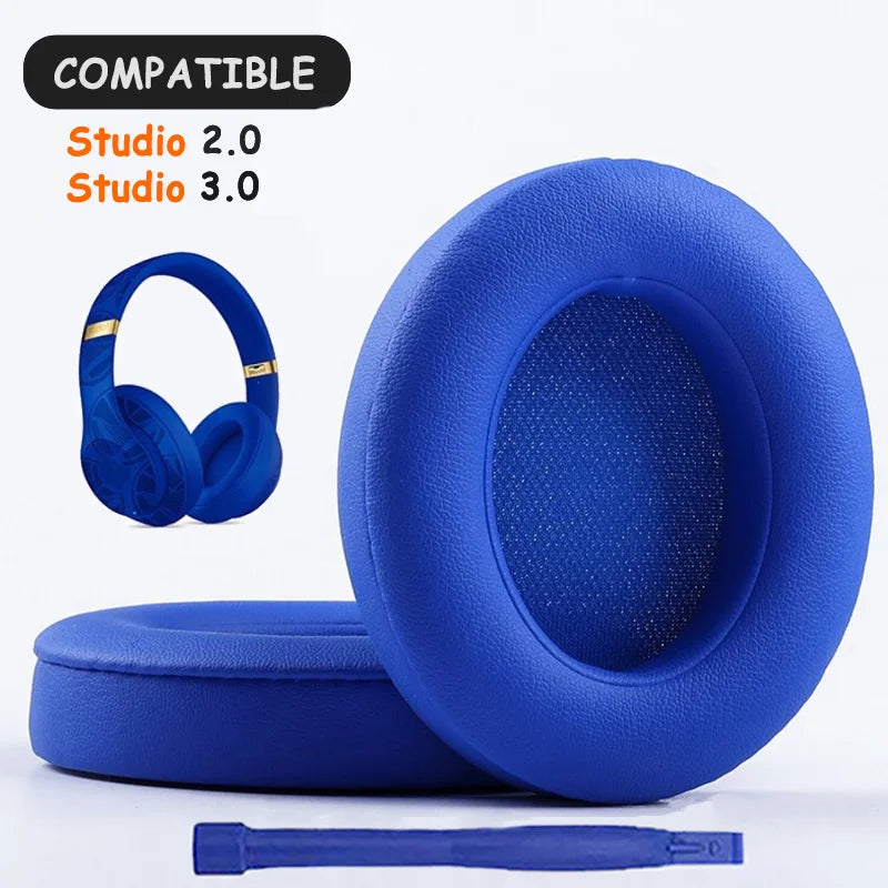 KUTOU blue earpads for Beats Studio 2.0 and 3.0 headphones, featuring soft leather and foam cushioning.