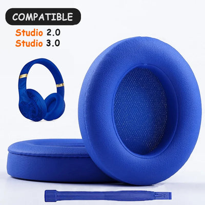 KUTOU blue earpads for Beats Studio 2.0 and 3.0 headphones, featuring soft leather and foam cushioning.