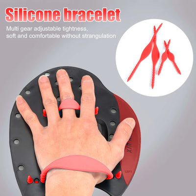 Silicone bracelet for swim paddles, adjustable and comfortable, prevents strangulation during swimming exercises.