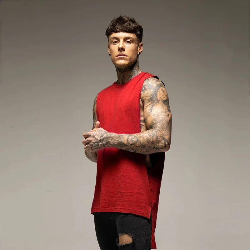 Red sleeveless cotton tank top for men, perfect for fitness and bodybuilding, showcasing a stylish hip-hop vibe.