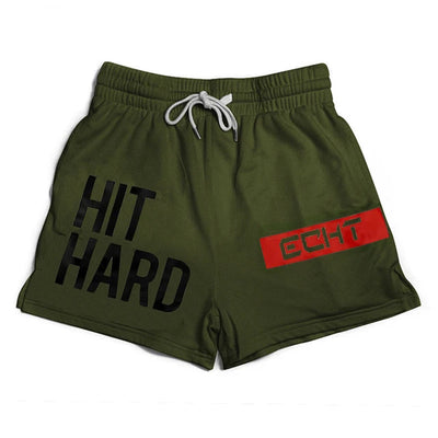Men's lightweight green sports shorts with 'HIT HARD' text, perfect for gym and running activities.