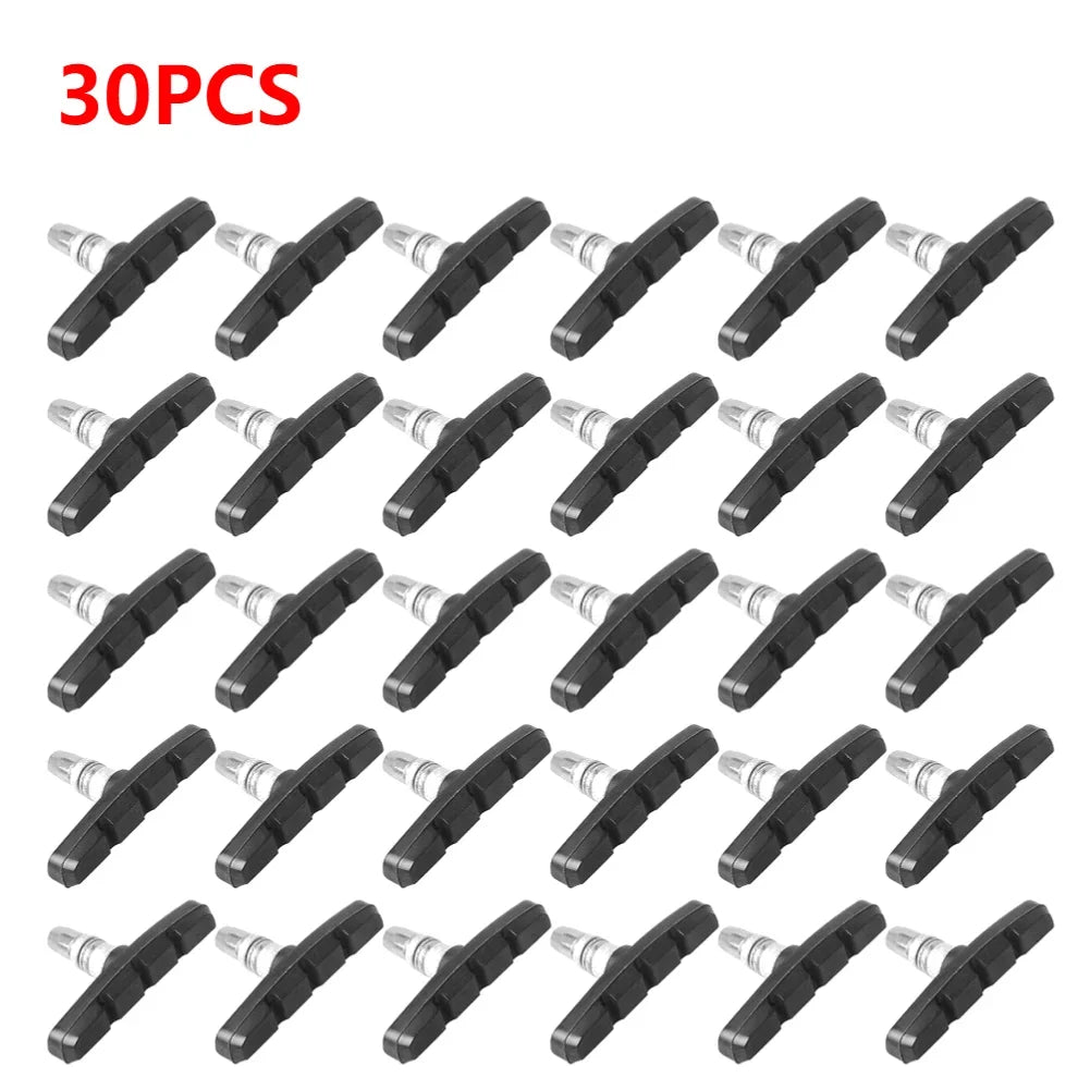 30 durable rubber V-brake pads for mountain and folding bikes, compatible with hydraulic disc braking systems.