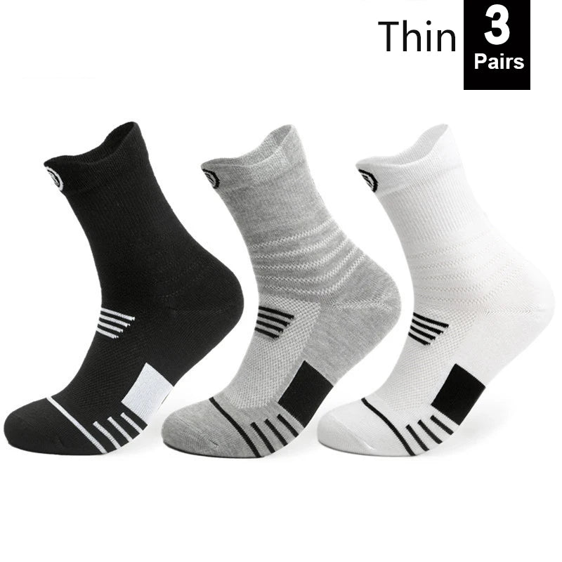 Three pairs of thin sports socks in black, gray, and white colors, designed for breathable comfort during activities.