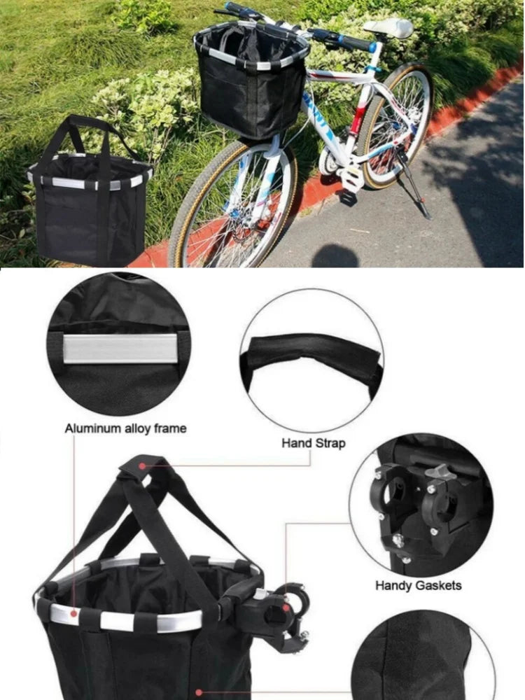 Bike front basket pet carrier features aluminum alloy frame, hand strap, and handy gaskets. Ideal for cycling with pets.