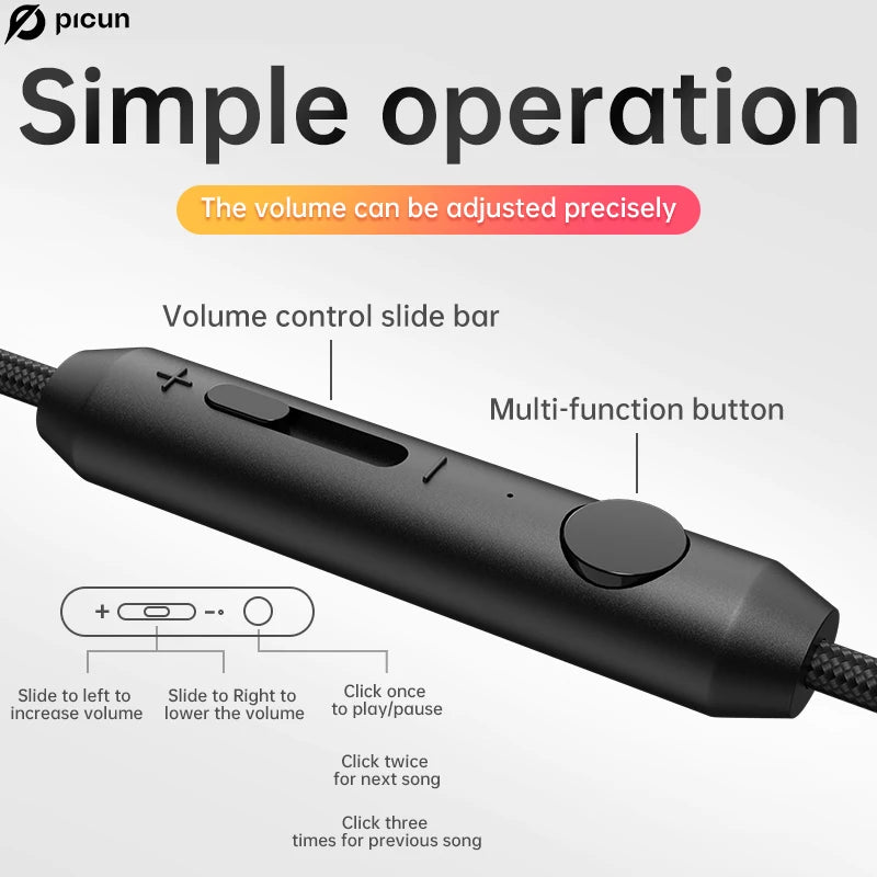 Volume control features of Picun wired headphones with multifunction button and precise adjustment.