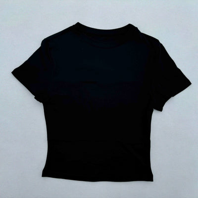 Women's black tight-fitting sports T-shirt, quick-drying and breathable fabric for yoga and running.