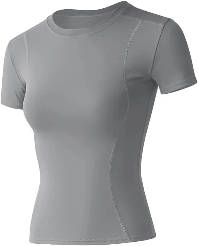 Women's short sleeve workout shirt in gray, breathable, perfect for yoga and athletic activities.