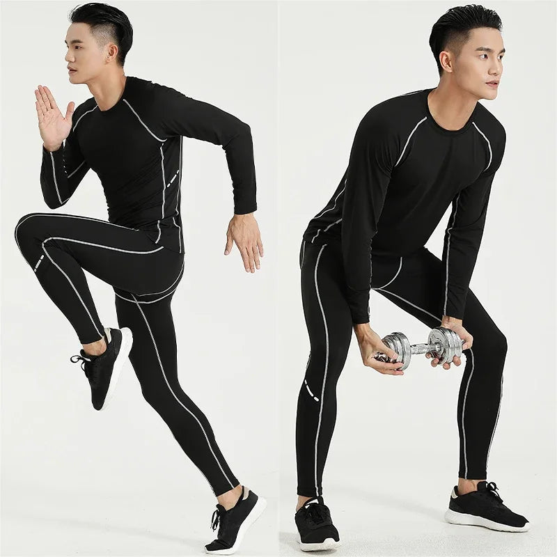 Men's compression sportswear set, black gym training suit featuring O-neck, durable polyester and spandex material.