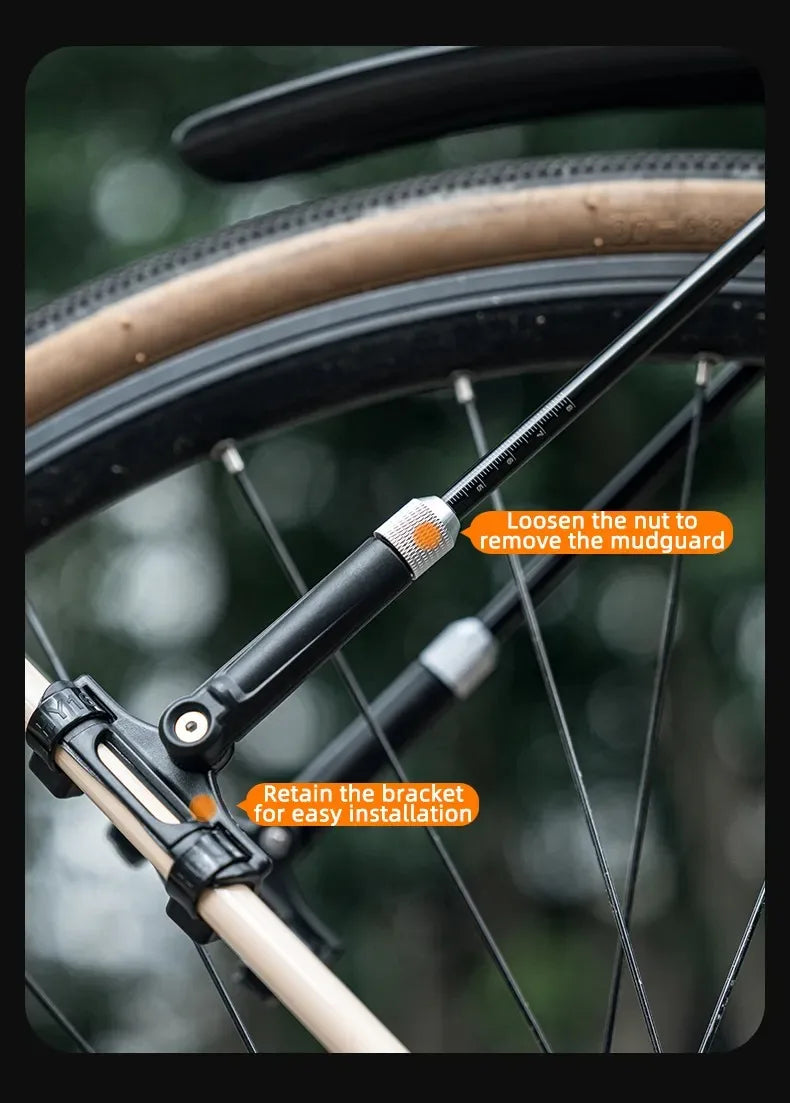 Close-up of a bicycle mudguard installation, illustrating bracket retention and nut loosening for easy removal.