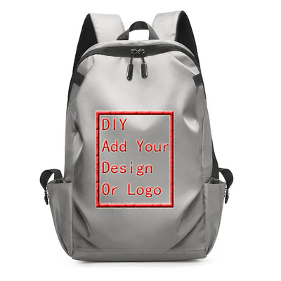 Customizable DIY backpack in gray with red lettering for personal designs or logos.