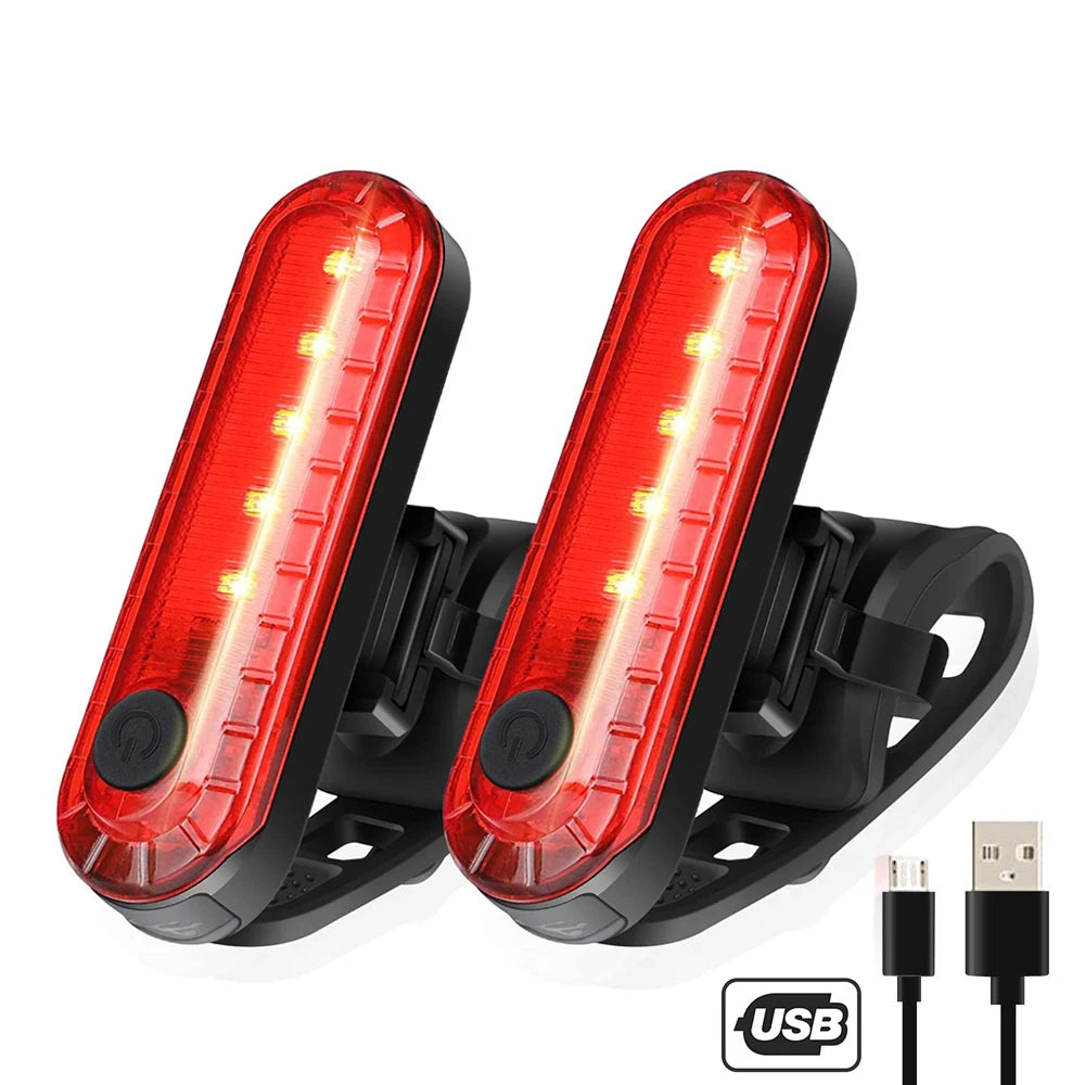 USB rechargeable bike tail light set, ultra bright red LED rear lights for cycling safety and visibility.