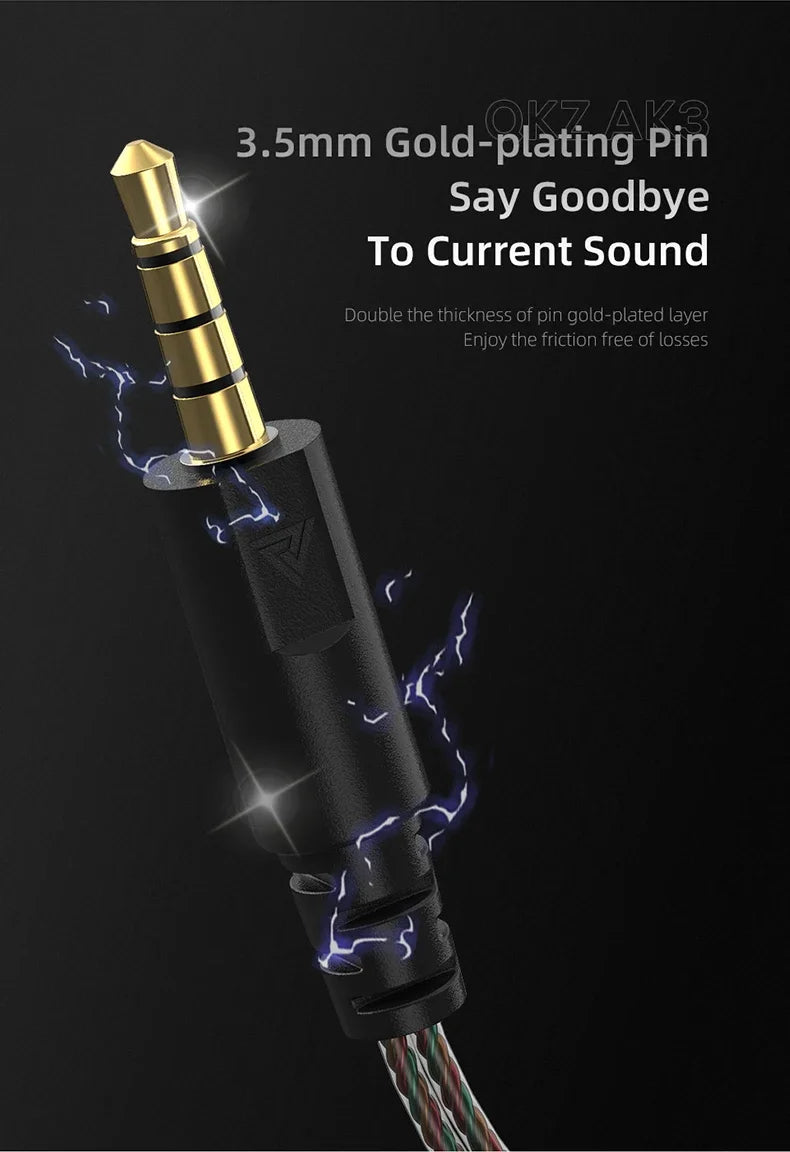 3.5mm gold-plated audio pin for QKZ AK3 earphones, ensuring high-quality sound and noise cancellation.