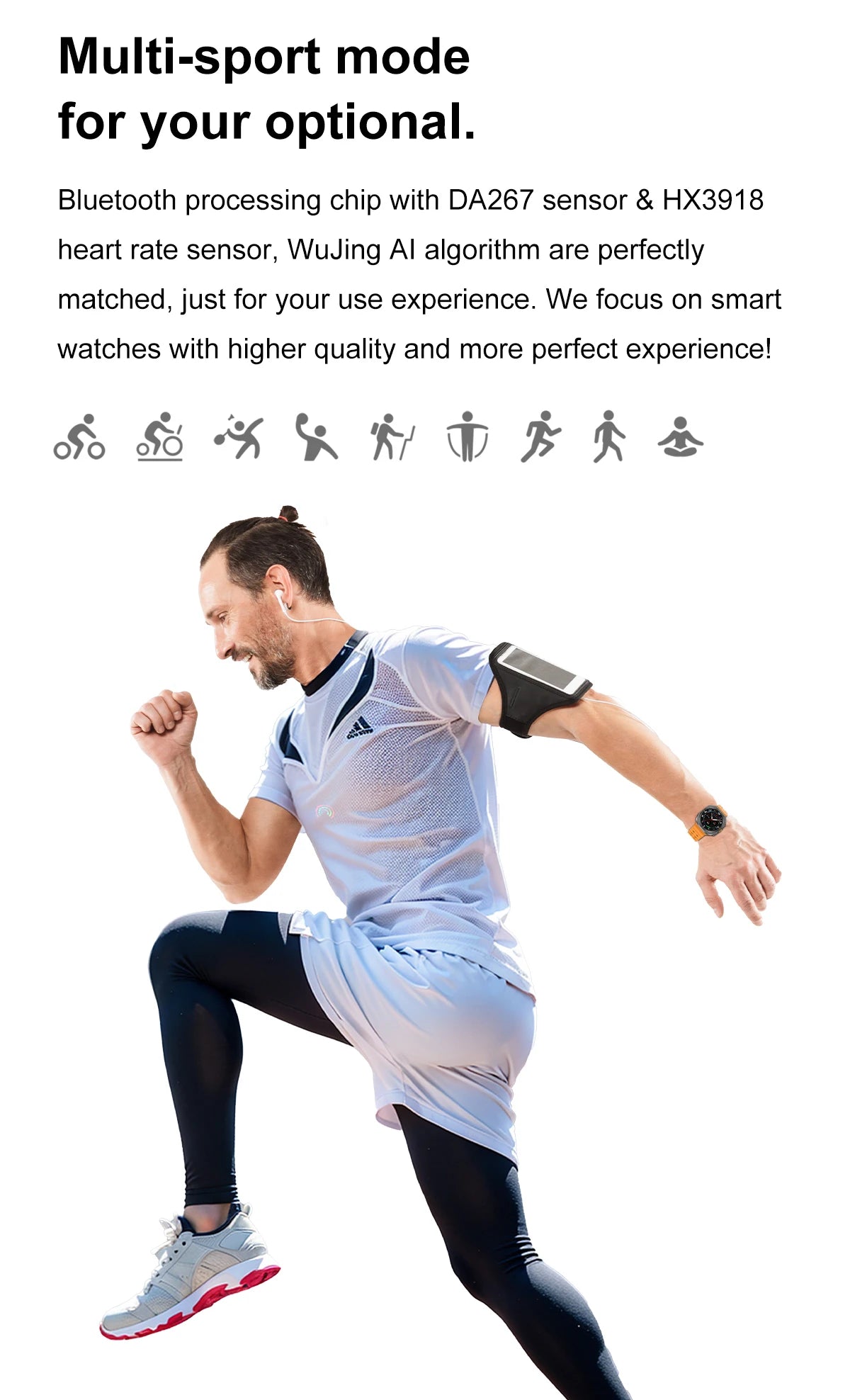 Man in athletic wear showcasing a multi-sport smartwatch with various activity icons in the background.