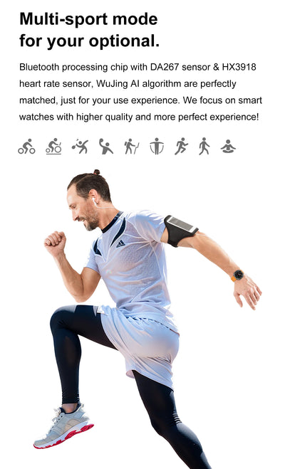 Man in athletic wear showcasing a multi-sport smartwatch with various activity icons in the background.